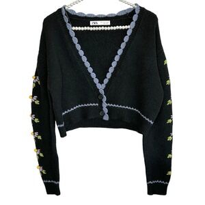 Zara Floral Embroidered Cropped‎ Cardigan Small Boho Bloggers Fav Cottage Black